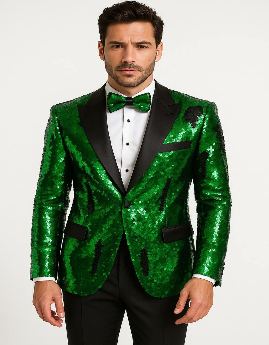 Men's Green Sequin Tuxedo Jacket with Black Satin Lapel and Bow Tie  Sparkling Party and Stage Blazer By Alberto Nardoni