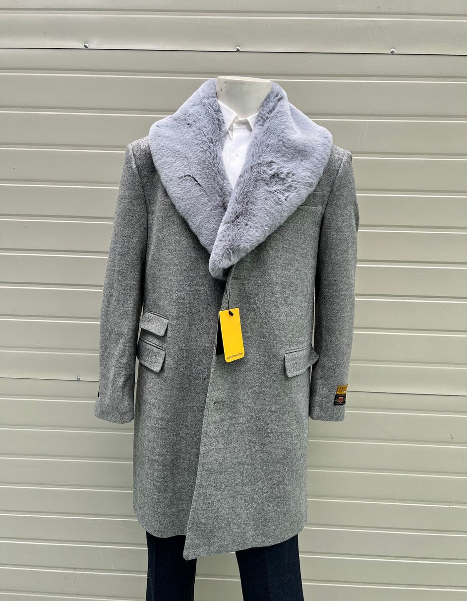 Mens Grey Wool Overcoat with Plush Faux Fur Shawl Collar  Winter Luxury Coat