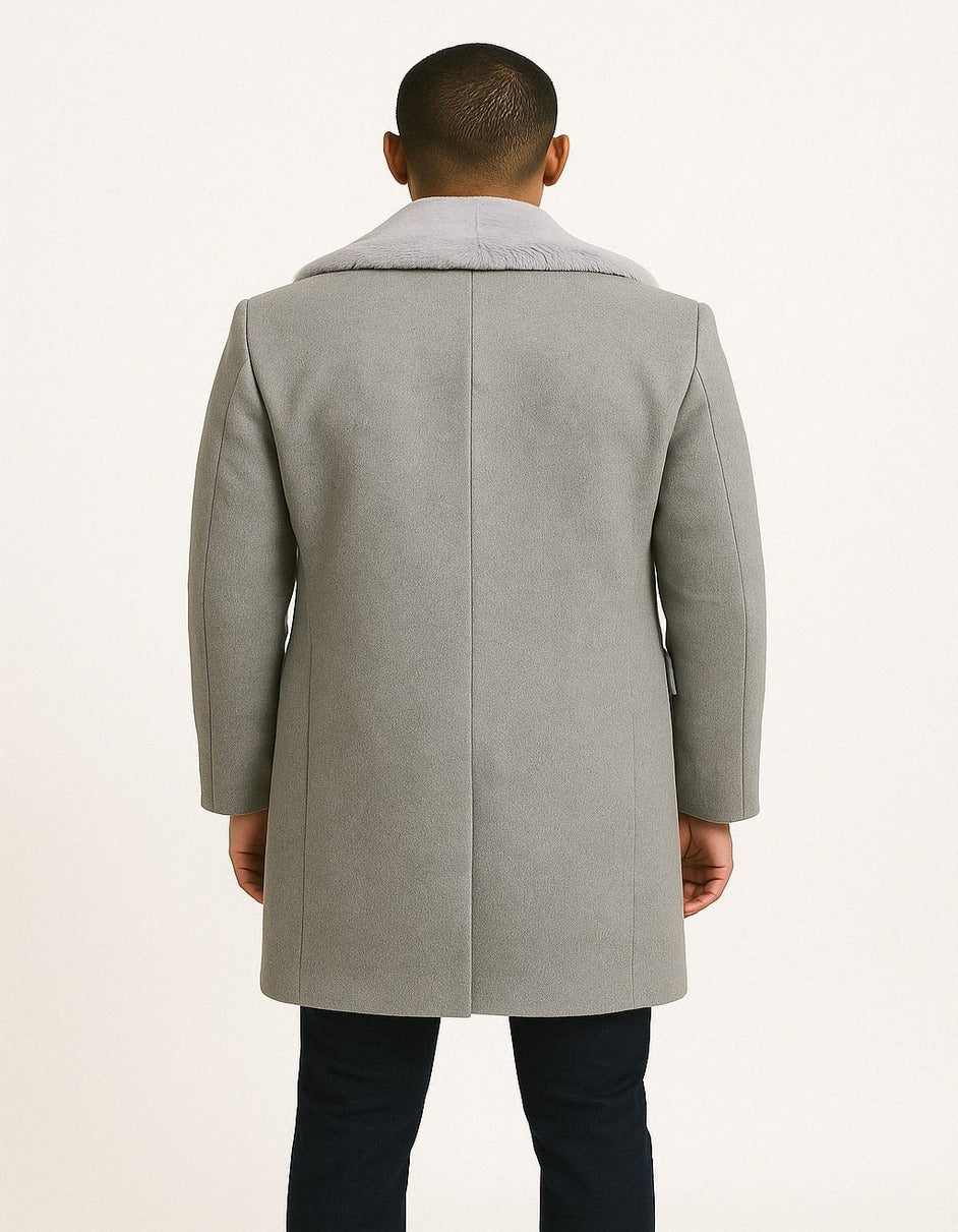 Mens Grey Wool Overcoat with Plush Faux Fur Shawl Collar  Winter Luxury Coat