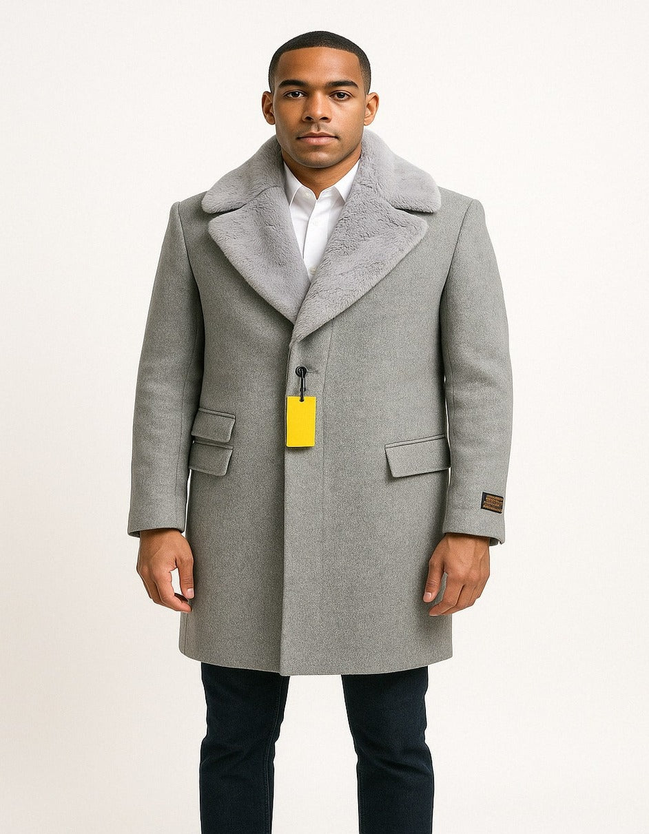 Mens Grey Wool Overcoat with Plush Faux Fur Shawl Collar  Winter Luxury Coat