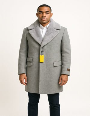 Mens Grey Wool Overcoat with Plush Faux Fur Shawl Collar  Winter Luxury Coat