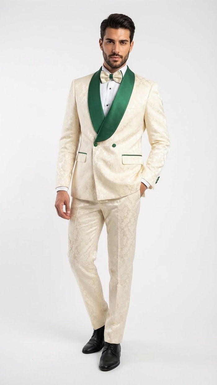 Men's Ivory and Emerald Green Jacquard Tuxedo Suit  Bowtie  3-Piece Formal Wedding, Prom, and Gala Outfit