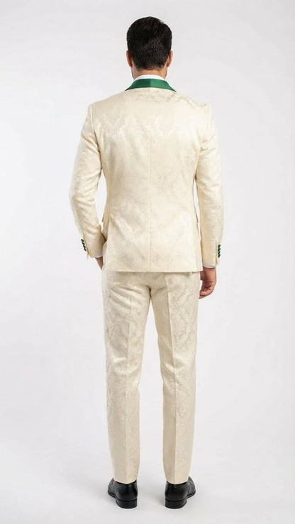 Men's Ivory and Emerald Green Jacquard Tuxedo Suit  Bowtie  3-Piece Formal Wedding, Prom, and Gala Outfit