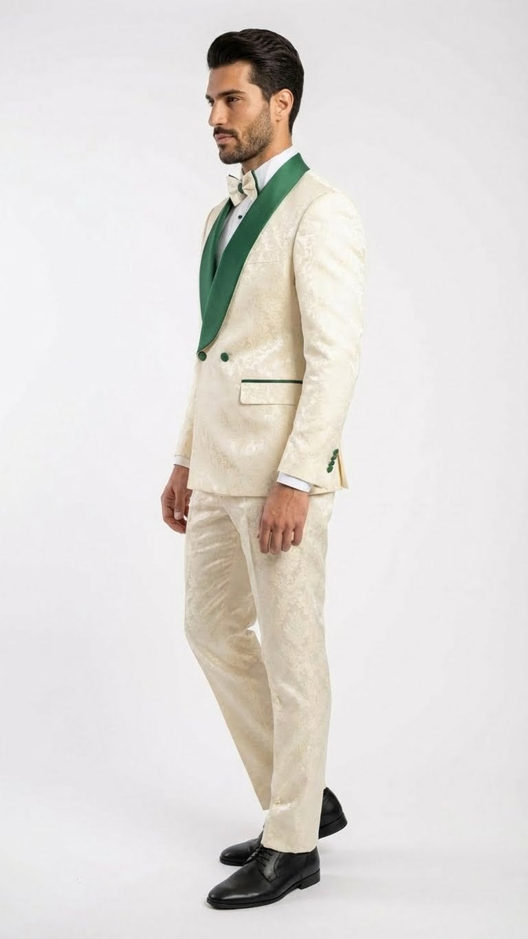 Men's Ivory and Emerald Green Jacquard Tuxedo Suit  Bowtie  3-Piece Formal Wedding, Prom, and Gala Outfit