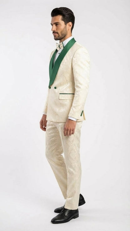 Men's Ivory and Emerald Green Jacquard Tuxedo Suit  Bowtie  3-Piece Formal Wedding, Prom, and Gala Outfit