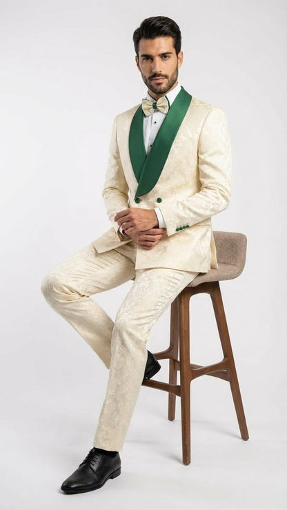 Men's Ivory and Emerald Green Jacquard Tuxedo Suit  Bowtie  3-Piece Formal Wedding, Prom, and Gala Outfit