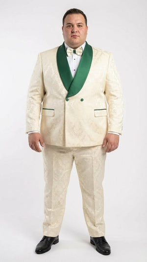Men's Ivory and Emerald Green Jacquard Tuxedo Suit  Bowtie  3-Piece Formal Wedding, Prom, and Gala Outfit