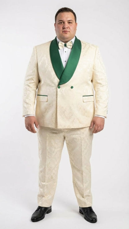 Men's Ivory and Emerald Green Jacquard Tuxedo Suit  Bowtie  3-Piece Formal Wedding, Prom, and Gala Outfit