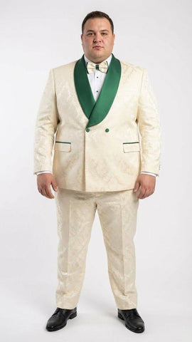 Men's Ivory and Emerald Green Jacquard Tuxedo Suit + Bowtie – 3-Piece Formal Wedding, Prom, and Gala Outfit