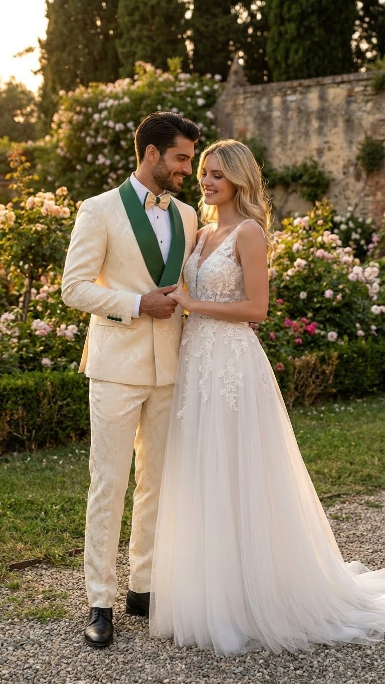 Men's Ivory and Emerald Green Jacquard Tuxedo Suit  Bowtie  3-Piece Formal Wedding, Prom, and Gala Outfit