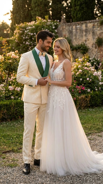 Men's Ivory and Emerald Green Jacquard Tuxedo Suit  Bowtie  3-Piece Formal Wedding, Prom, and Gala Outfit