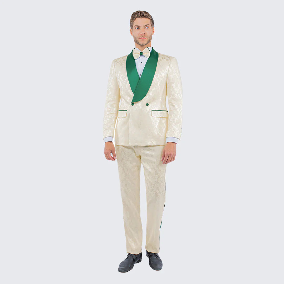 Men's Ivory and Emerald Green Jacquard Tuxedo Suit  Bowtie  3-Piece Formal Wedding, Prom, and Gala Outfit