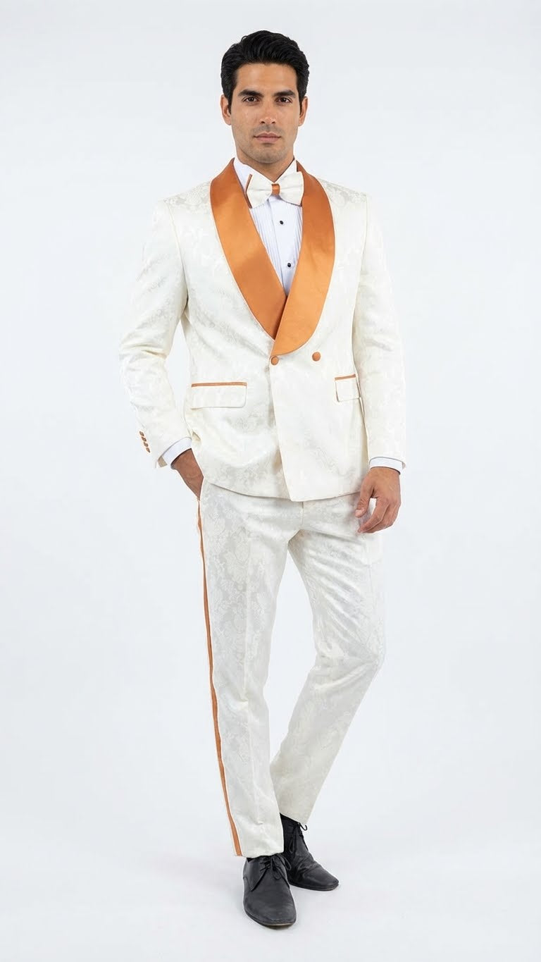 Men's Ivory and Gold Jacquard Tuxedo Suit  Bowtie  Formal Wedding, Prom, and Gala Outfit in Cream Off White color