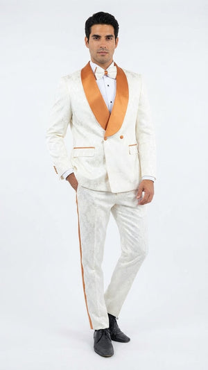 Men's Ivory and Gold Jacquard Tuxedo Suit  Bowtie  Formal Wedding, Prom, and Gala Outfit in Cream Off White color