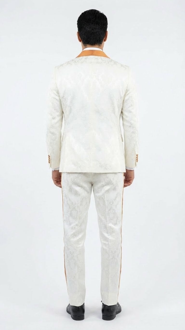 Men's Ivory and Gold Jacquard Tuxedo Suit  Bowtie  Formal Wedding, Prom, and Gala Outfit in Cream Off White color