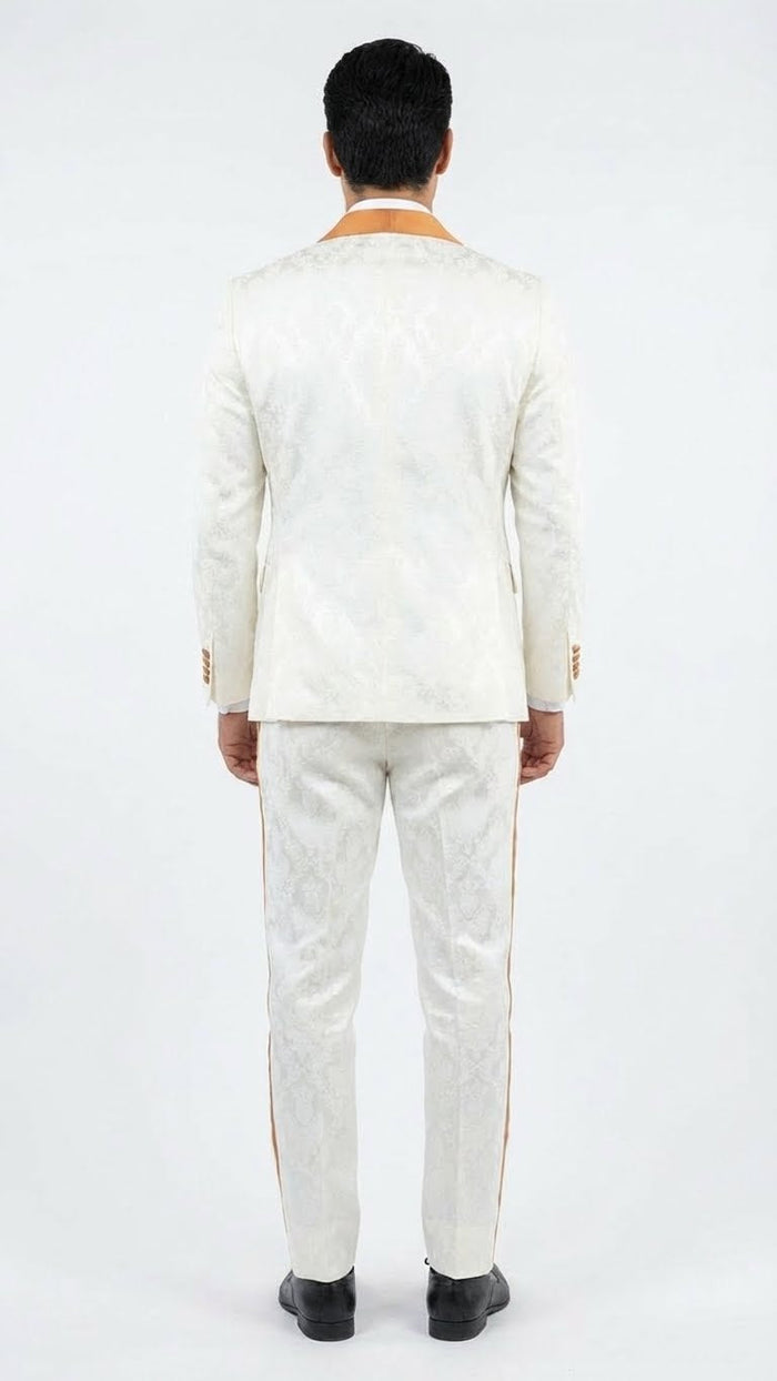 Men's Ivory and Gold Jacquard Tuxedo Suit  Bowtie  Formal Wedding, Prom, and Gala Outfit in Cream Off White color