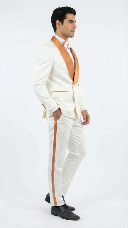 Men's Ivory and Gold Jacquard Tuxedo Suit  Bowtie  Formal Wedding, Prom, and Gala Outfit in Cream Off White color