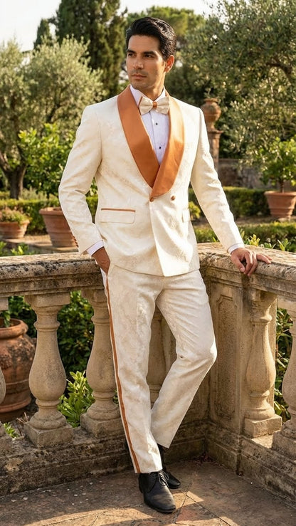Men's Ivory and Gold Jacquard Tuxedo Suit  Bowtie  Formal Wedding, Prom, and Gala Outfit in Cream Off White color
