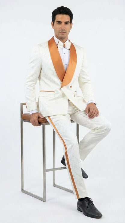 Men's Ivory and Gold Jacquard Tuxedo Suit  Bowtie  Formal Wedding, Prom, and Gala Outfit in Cream Off White color