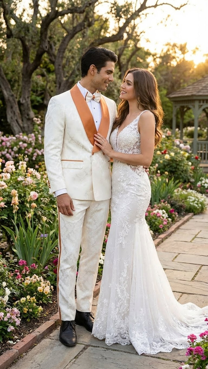 Men's Ivory and Gold Jacquard Tuxedo Suit  Bowtie  Formal Wedding, Prom, and Gala Outfit in Cream Off White color