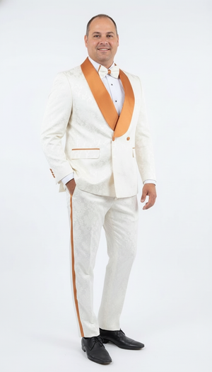 Men's Ivory and Gold Jacquard Tuxedo Suit  Bowtie  Formal Wedding, Prom, and Gala Outfit in Cream Off White color