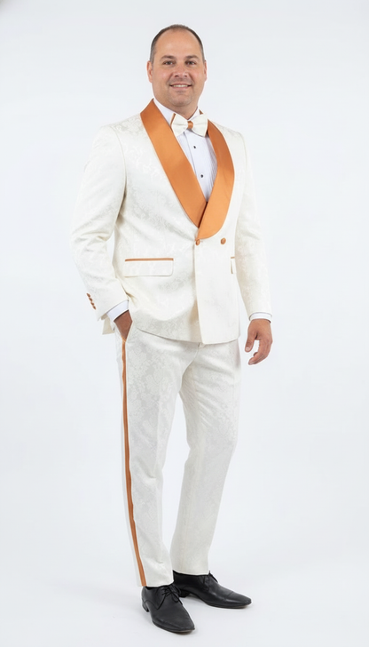 Men's Ivory and Gold Jacquard Tuxedo Suit  Bowtie  Formal Wedding, Prom, and Gala Outfit in Cream Off White color