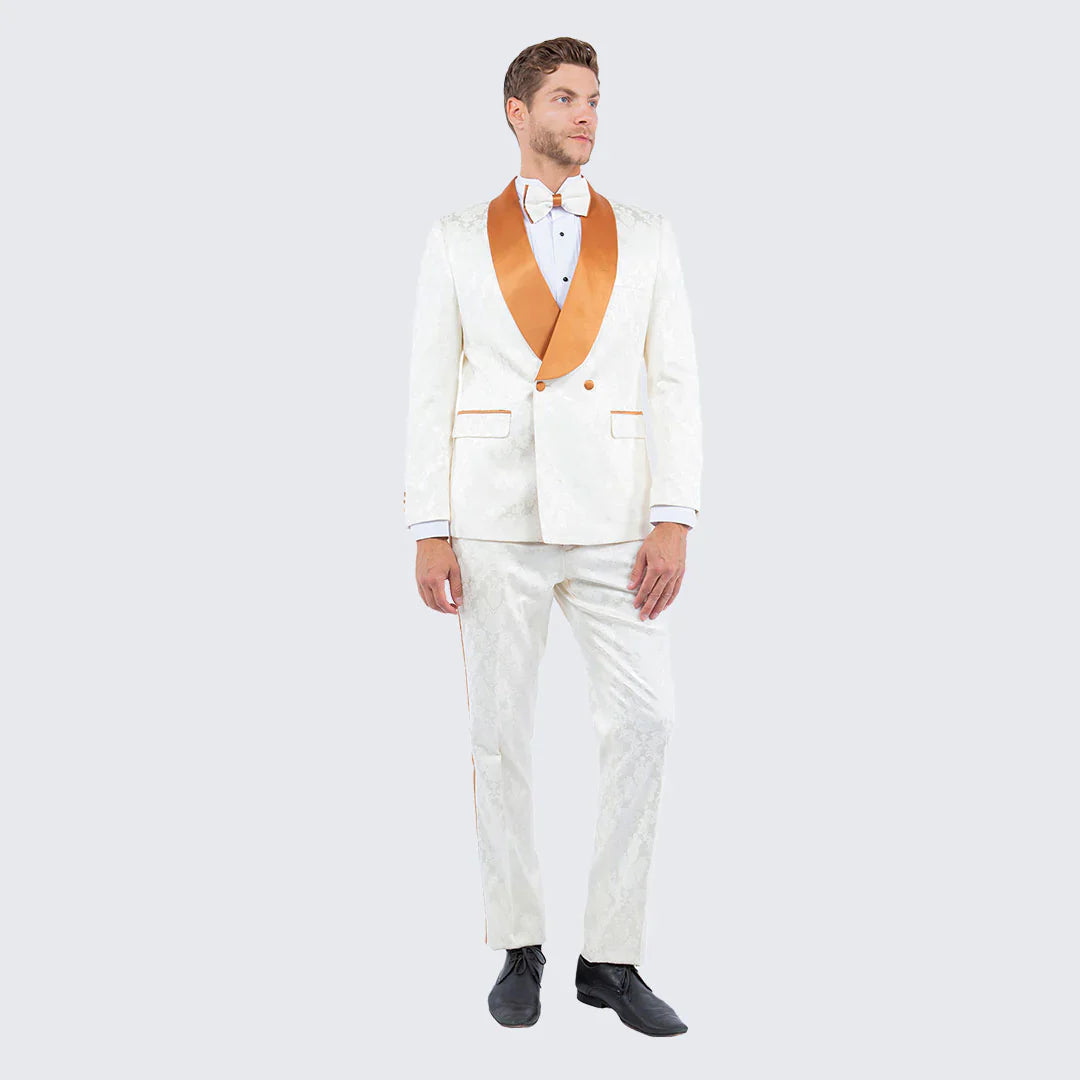 Men's Ivory and Gold Jacquard Tuxedo Suit  Bowtie  Formal Wedding, Prom, and Gala Outfit in Cream Off White color