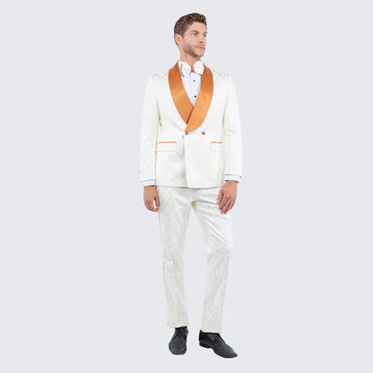 Men's Ivory and Gold Jacquard Tuxedo Suit  Bowtie  Formal Wedding, Prom, and Gala Outfit in Cream Off White color
