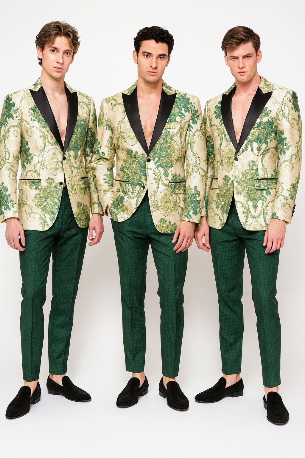 Mens Ivory and Green Suit Floral Embroidered Tuxedo Jacket with Black Satin Lapel  Designer Blazer for Weddings With Hutner Green Pants
