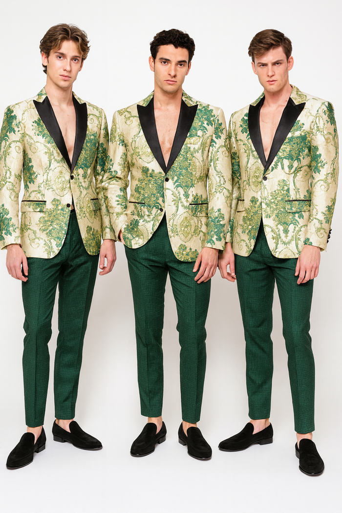 Mens Ivory and Green Suit Floral Embroidered Tuxedo Jacket with Black Satin Lapel  Designer Blazer for Weddings With Hutner Green Pants