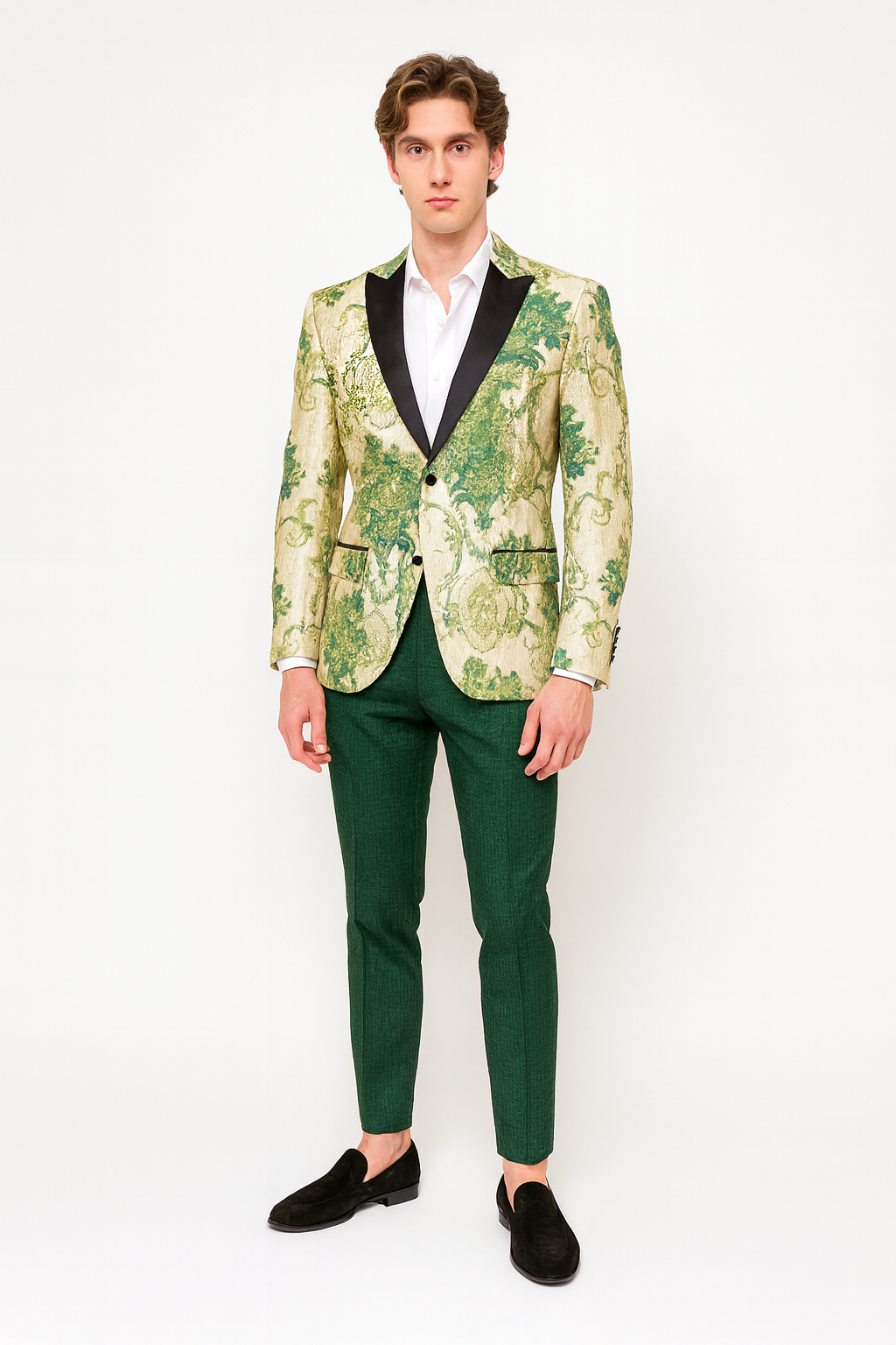 Mens Ivory and Green Suit Floral Embroidered Tuxedo Jacket with Black Satin Lapel  Designer Blazer for Weddings With Hutner Green Pants