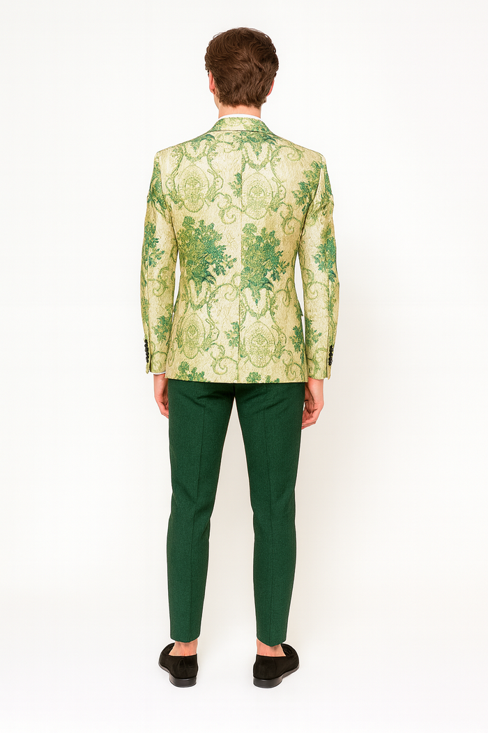 Mens Ivory and Green Suit Floral Embroidered Tuxedo Jacket with Black Satin Lapel  Designer Blazer for Weddings With Hutner Green Pants