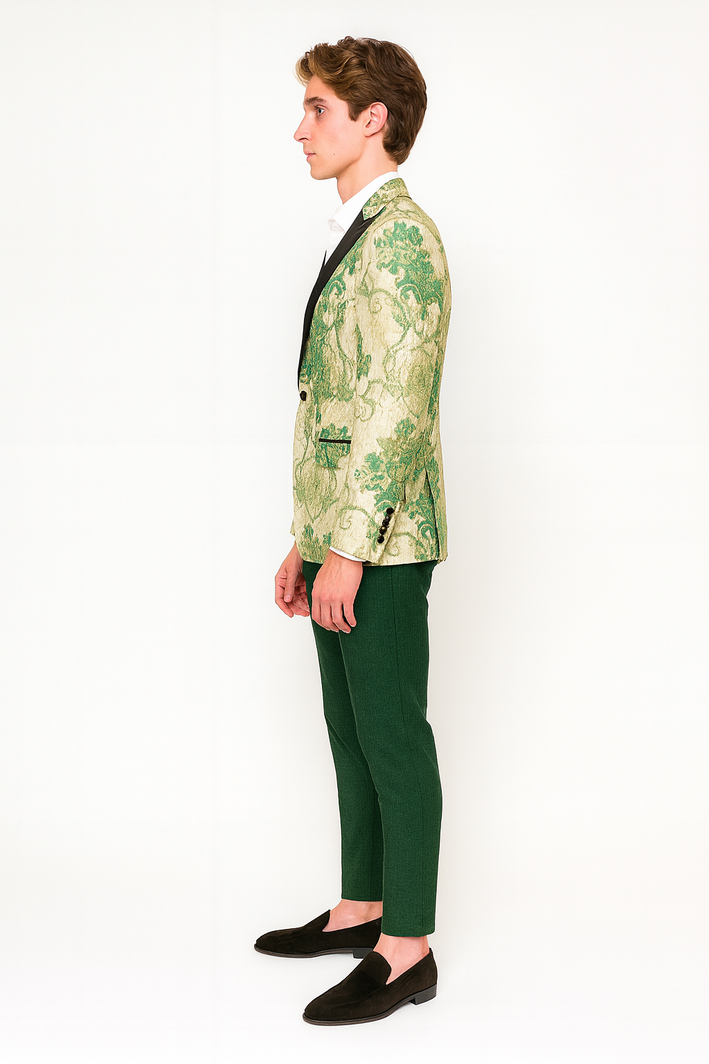 Mens Ivory and Green Suit Floral Embroidered Tuxedo Jacket with Black Satin Lapel  Designer Blazer for Weddings With Hutner Green Pants