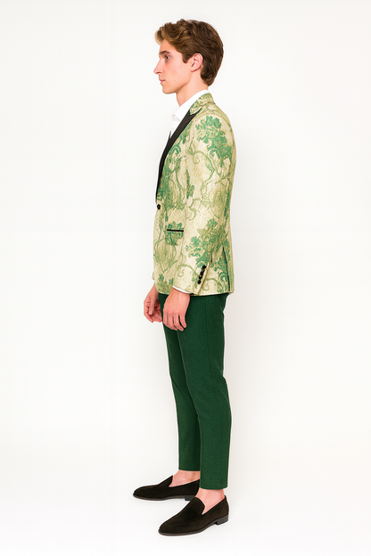 Mens Ivory and Green Suit Floral Embroidered Tuxedo Jacket with Black Satin Lapel  Designer Blazer for Weddings With Hutner Green Pants