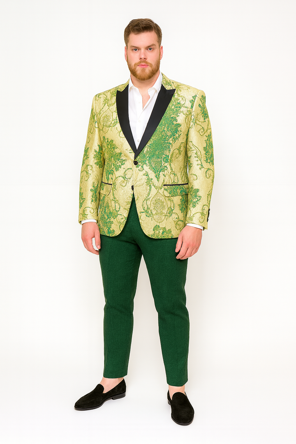 Mens Ivory and Green Suit Floral Embroidered Tuxedo Jacket with Black Satin Lapel  Designer Blazer for Weddings With Hutner Green Pants
