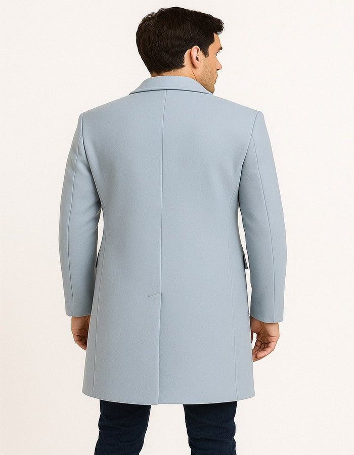 Mens Light Blue Wool Overcoat  Classic Single-Breasted Long Coat - Sky Blue Carcoat Wool Fabric