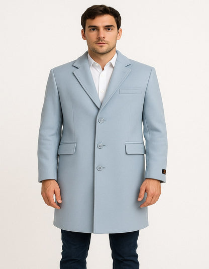 Mens Light Blue Wool Overcoat  Classic Single-Breasted Long Coat - Sky Blue Carcoat Wool Fabric
