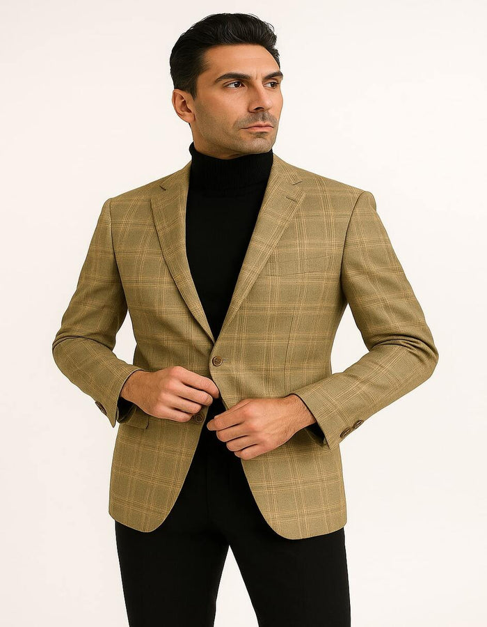 Men's Light Brown Plaid Sport Coat  Classic Check Blazer for Business and Casual Wear in Tan Windowpane Taupe Color