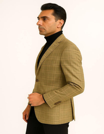 Men's Light Brown Plaid Sport Coat  Classic Check Blazer for Business and Casual Wear in Tan Windowpane Taupe Color