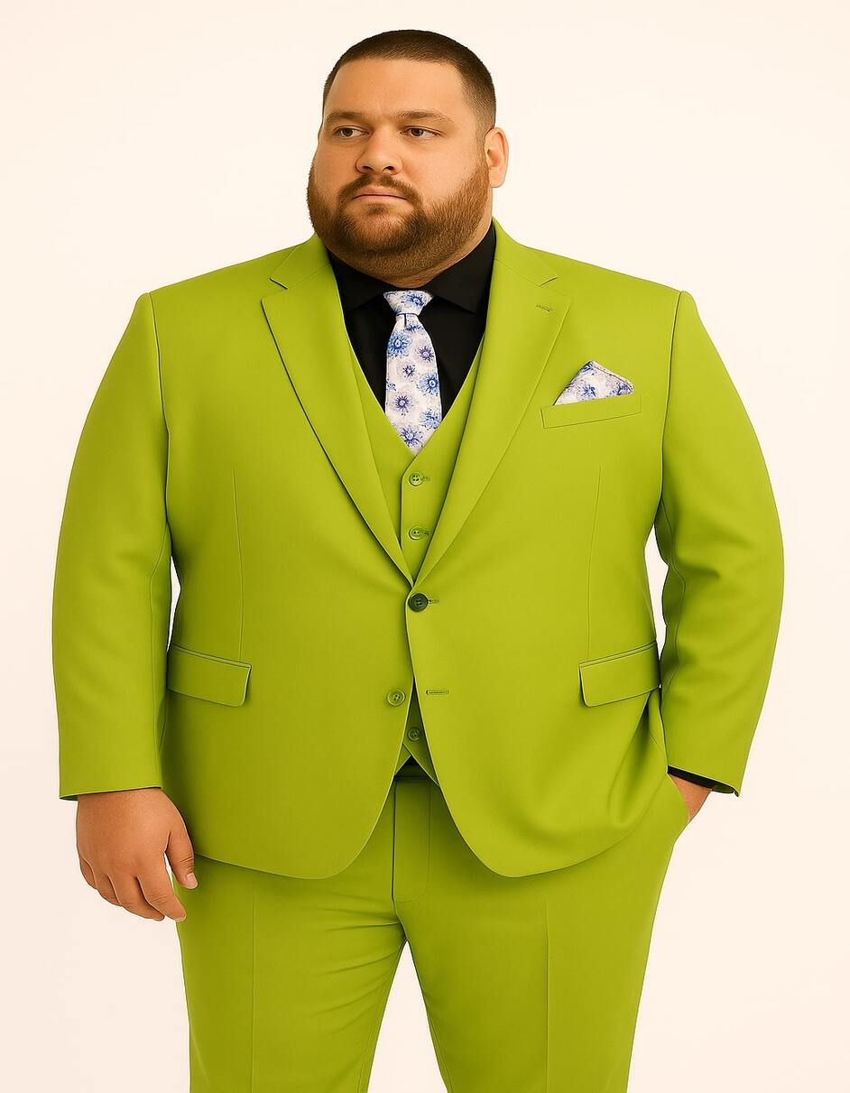Men's Lime Green Three-Piece Suit with Floral Tie – Slim Fit Tuxedo for Weddings & Parties