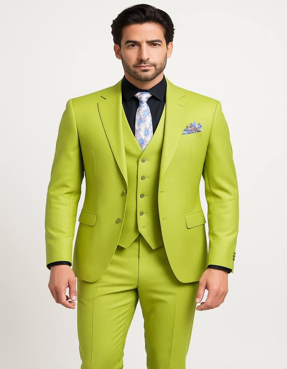 Men's Lime Green Three-Piece Suit with Floral Tie – Slim Fit Tuxedo for Weddings & Parties
