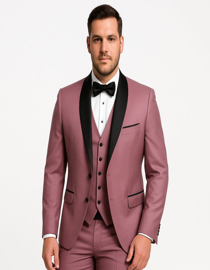 Men's Mauve Pink Tuxedo Suit  3-Piece Slim Fit with Black Satin Shawl Lapel