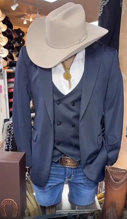 Men’s Navy Western Suit Blazer with Double Breasted Vest, Modern Cowboy Formal Outfit