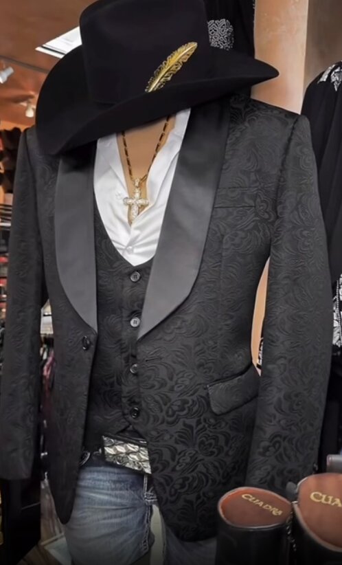 Men’s Black Paisley Jacquard Blazer with Satin Shawl Lapel, Western Formal Designer Jacket