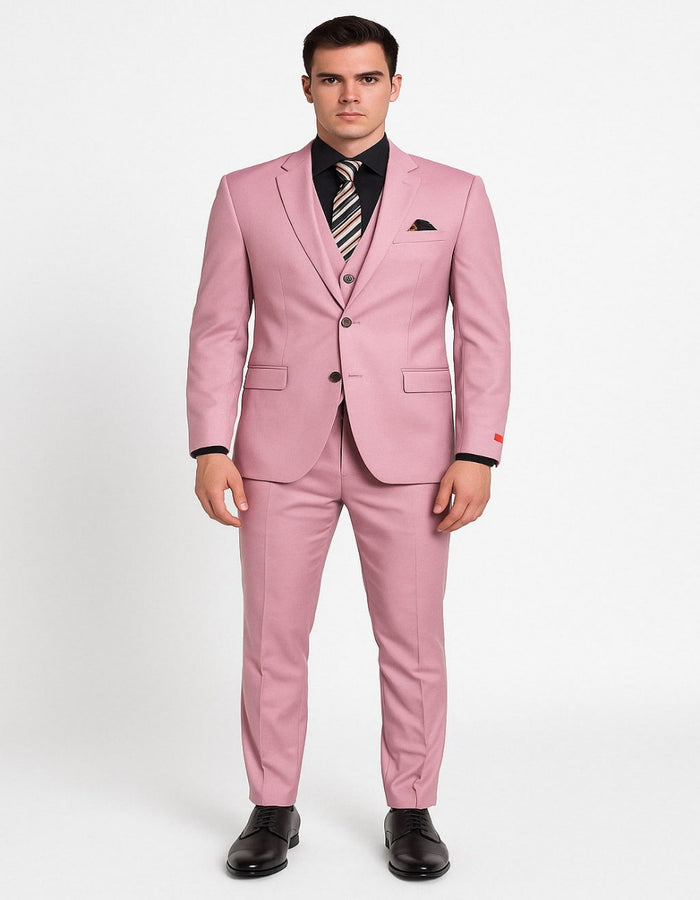 Mens Pink 3-Piece Slim Fit Suit  Formal Wedding and Prom Outfit with Vest