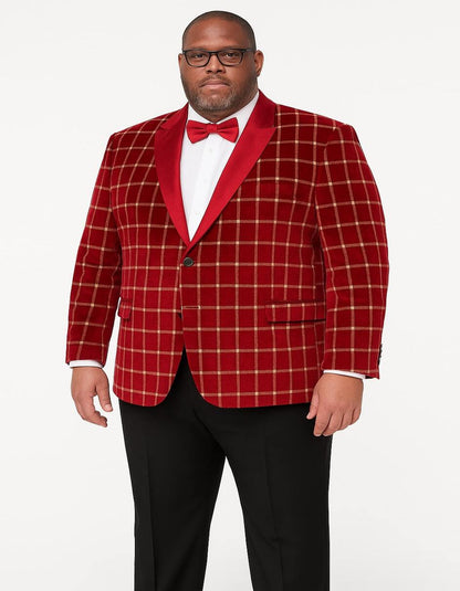 Men's Red Velvet Plaid Blazer with Satin Lapel  Designer Tartan Suit Jacket for Holidays and Events