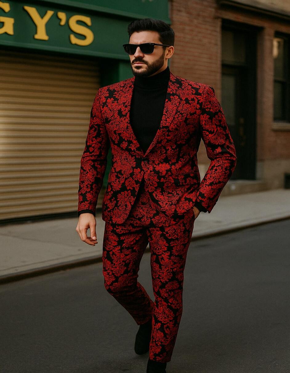 Mens Red and Black Floral Tuxedo Suit  Slim Fit 2 Piece Embroidered Outfit for Weddings, Prom, and Formal Events