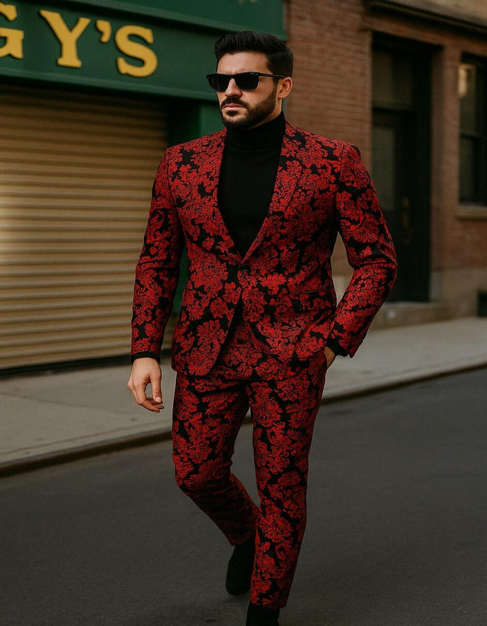 Mens Red and Black Floral Tuxedo Suit  Slim Fit 2 Piece Embroidered Outfit for Weddings, Prom, and Formal Events