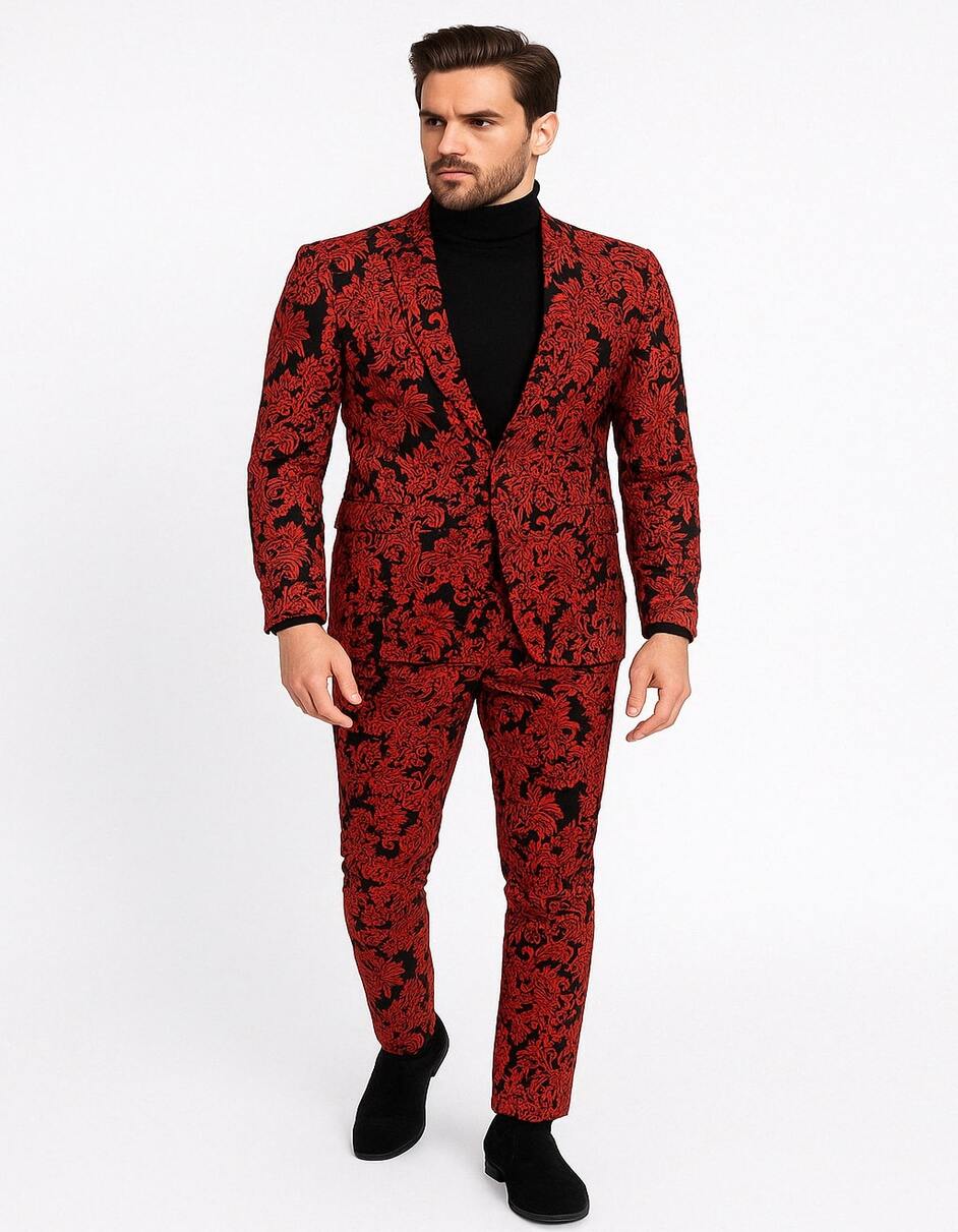 Mens Red and Black Floral Tuxedo Suit  Slim Fit 2 Piece Embroidered Outfit for Weddings, Prom, and Formal Events