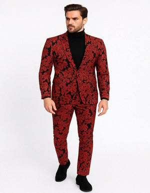 Mens Red and Black Floral Tuxedo Suit  Slim Fit 2 Piece Embroidered Outfit for Weddings, Prom, and Formal Events
